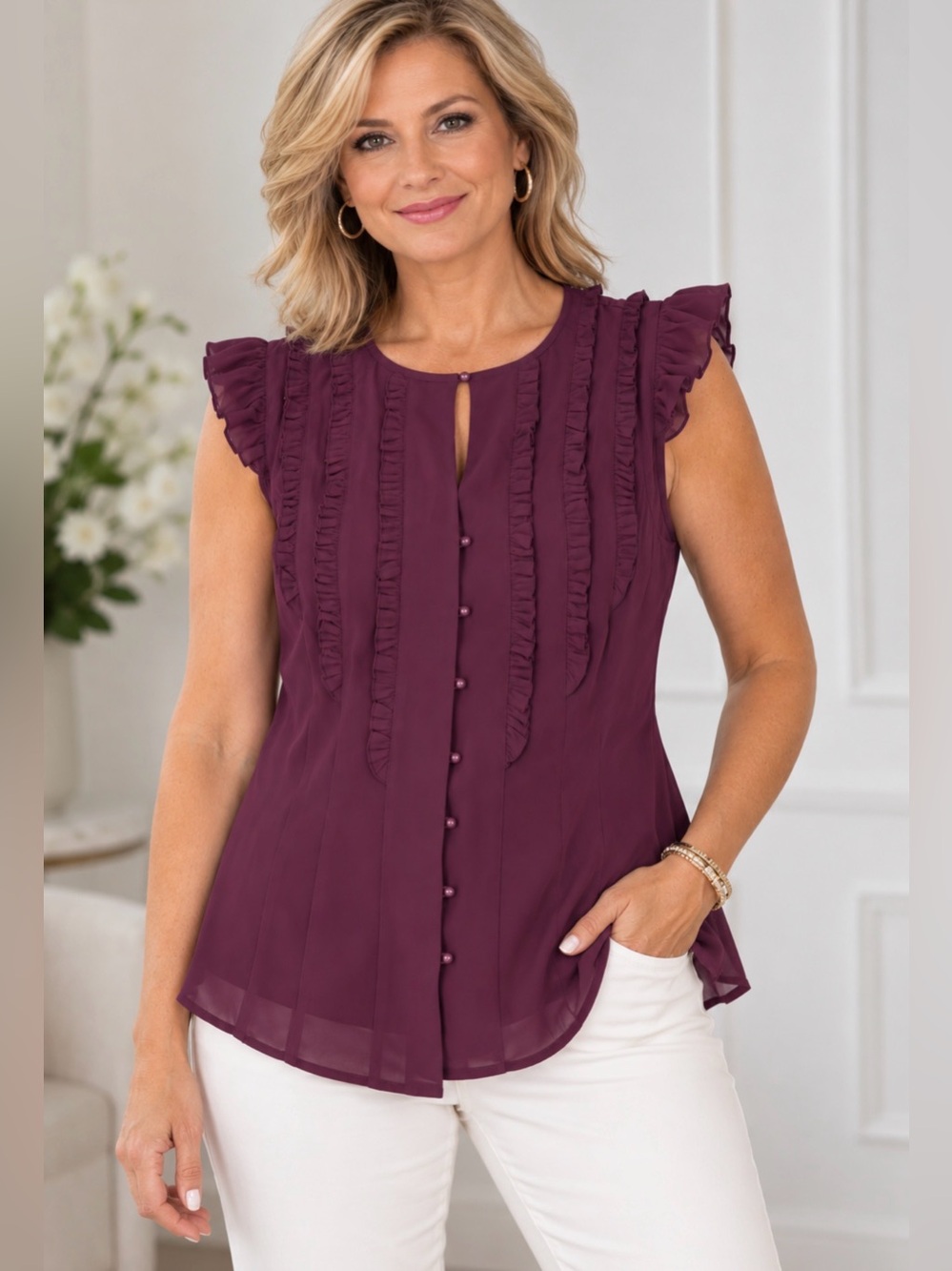 Bebe Plum Ruffle-Trim Sleeveless Blouse